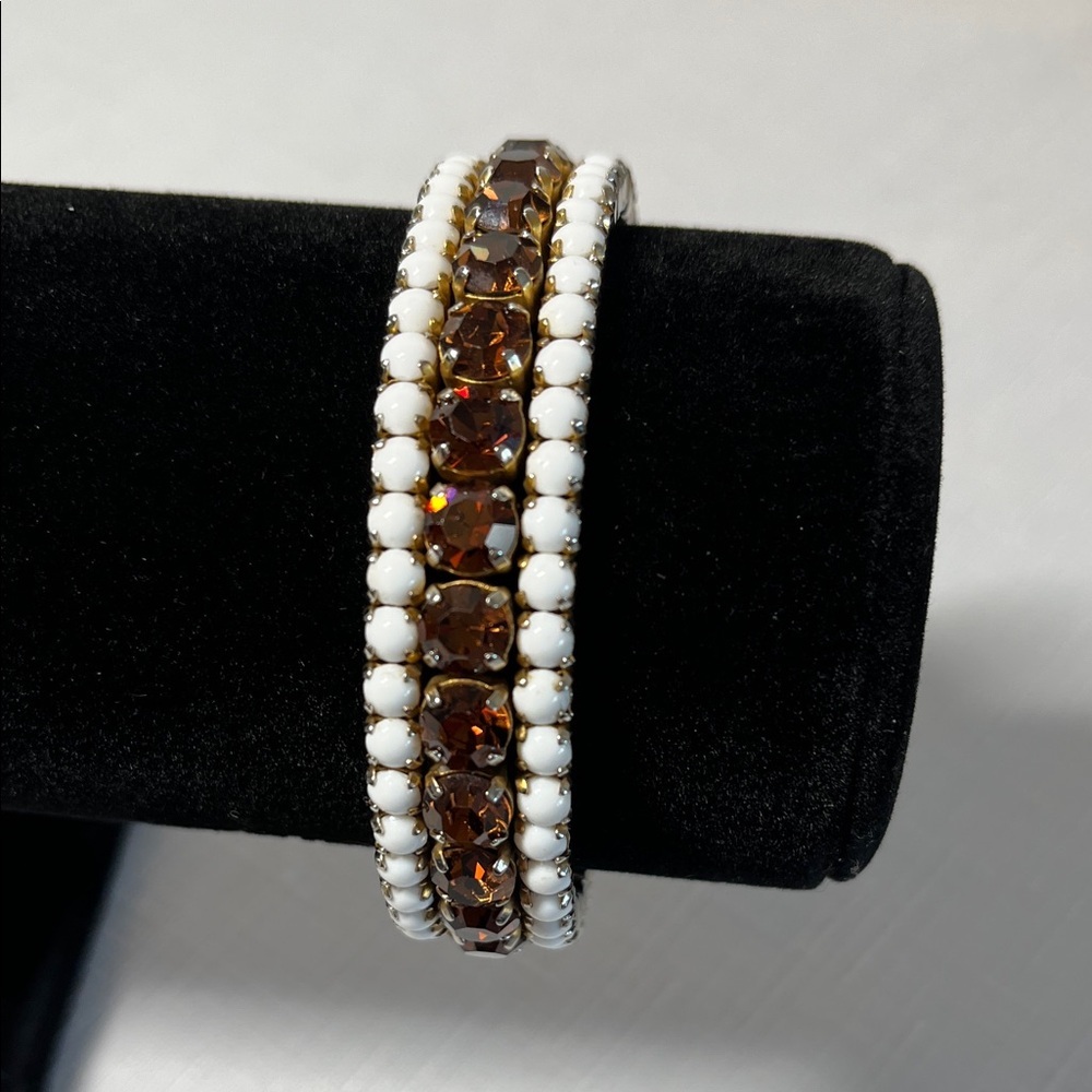 Vintage White and Brown Beaded Bangle Bracelet